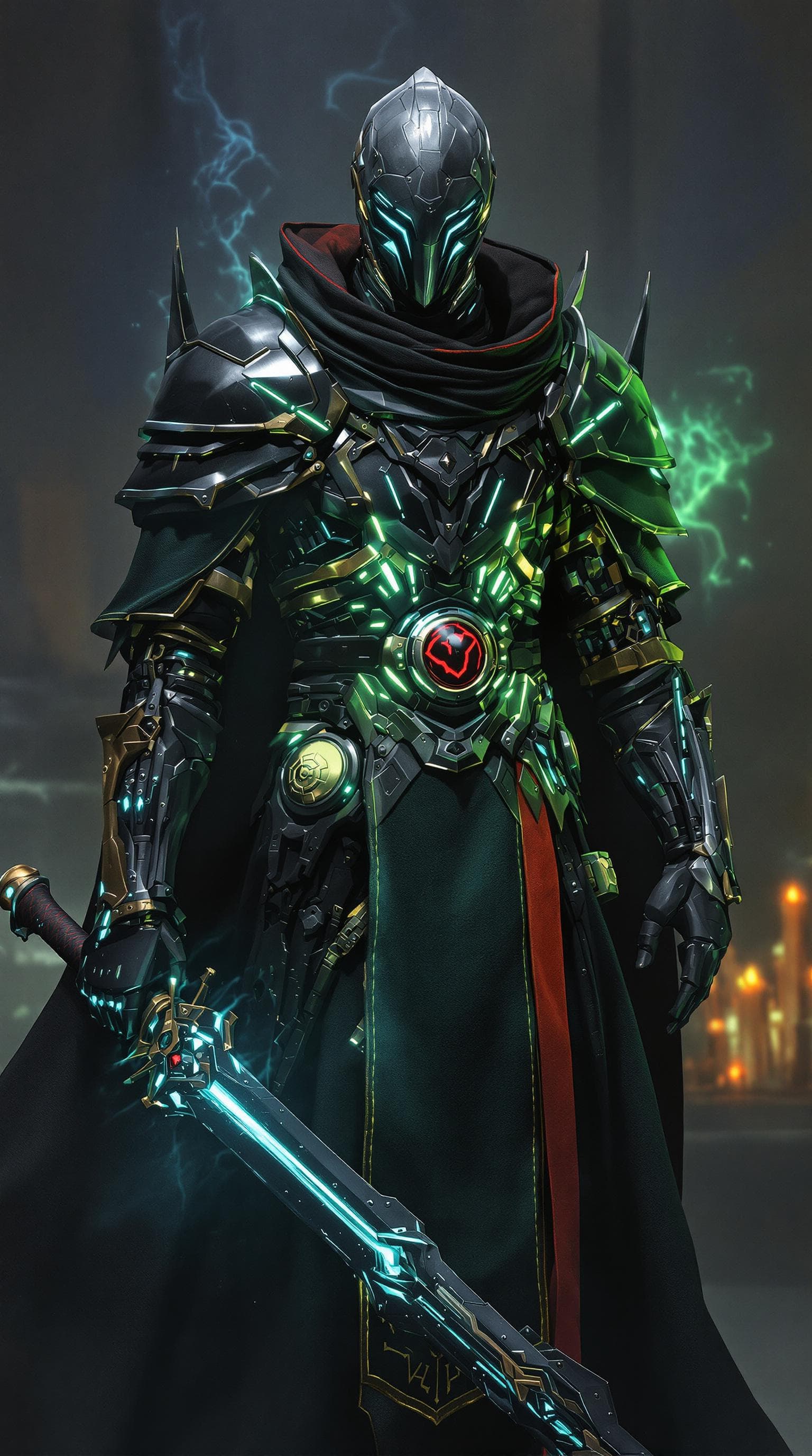 AI generated: medieval knight cybernetic mage with cool robes and glowing weapon, sci-fi, photorealistic, cinemati...