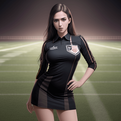 AI generated: (((gorgeous female))), dressed as football referee, attractive, ((flirting)), standing on football f...