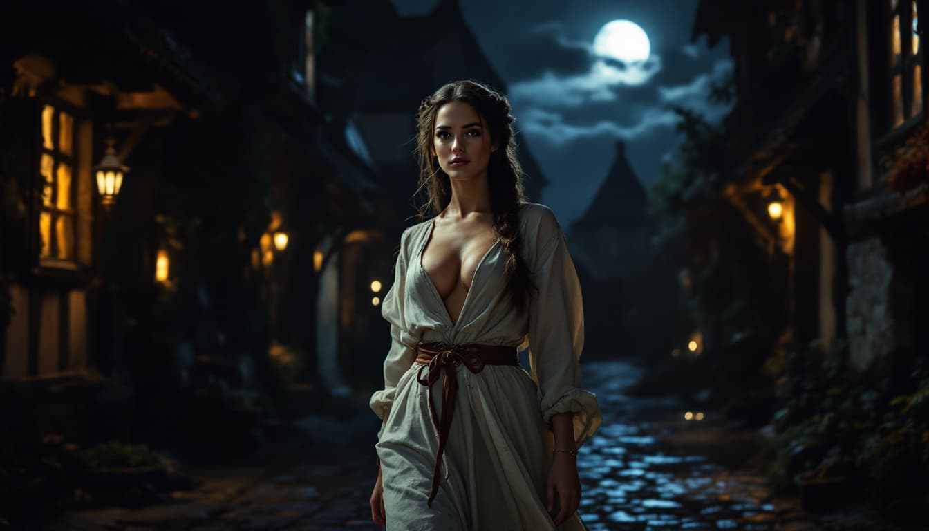 AI generated: medieval village, night, dark, dimly lit, a gorgeous maiden walks down the street, wearing a canvas ...