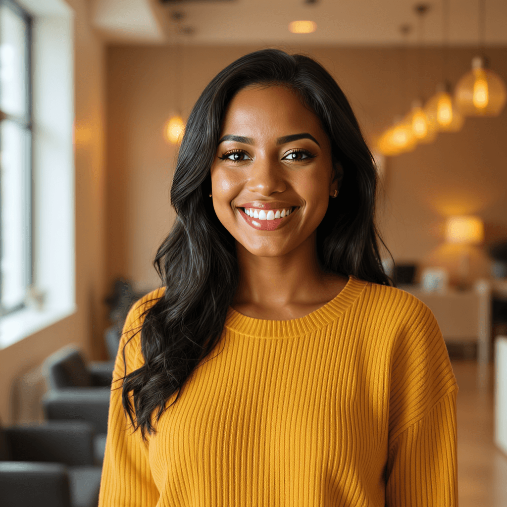 AI generated: A full-body photorealistic cinematic portrait of a young, joyful Brazilian woman with warm tan skin ...