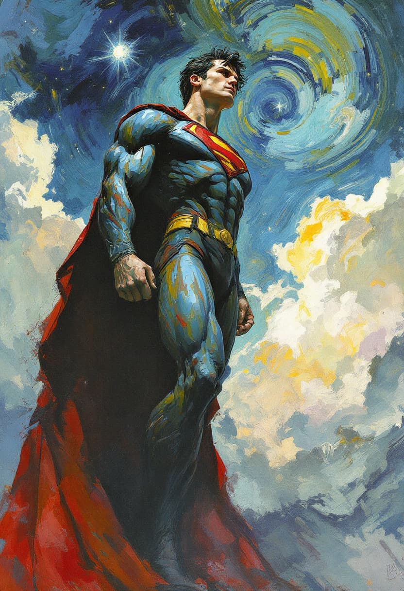 AI generated: fullbody Portrait tilted at 45 degrees, dynamic pose,  Superman, Art Nouveau, Neo-Impressionism, cha...