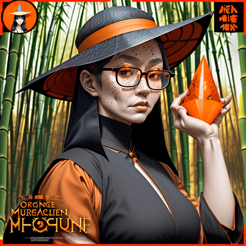 AI generated: . orange glass. movie poster, musculine female character in black,asian cone-shaped bamboo hat, medi...