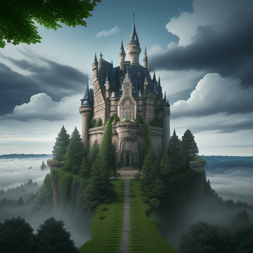 AI generated: a big castle over clouds between big trees and creepers, two lightings both sides, many bricks in th...