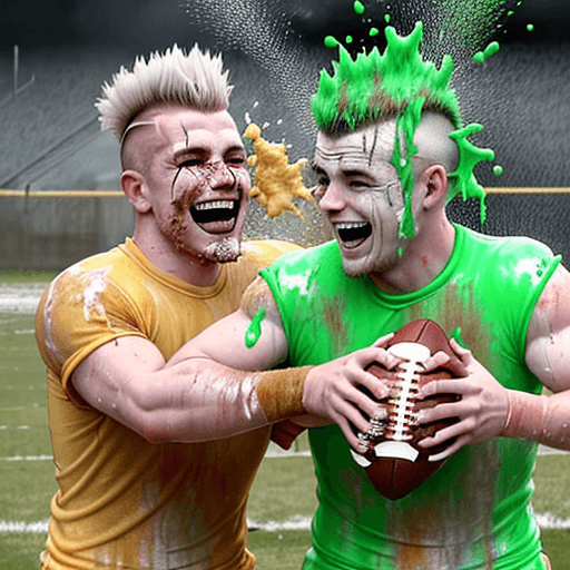 AI generated: two laughing rugged, sweaty, caucasian american football players with short mohawks, throwing custar...