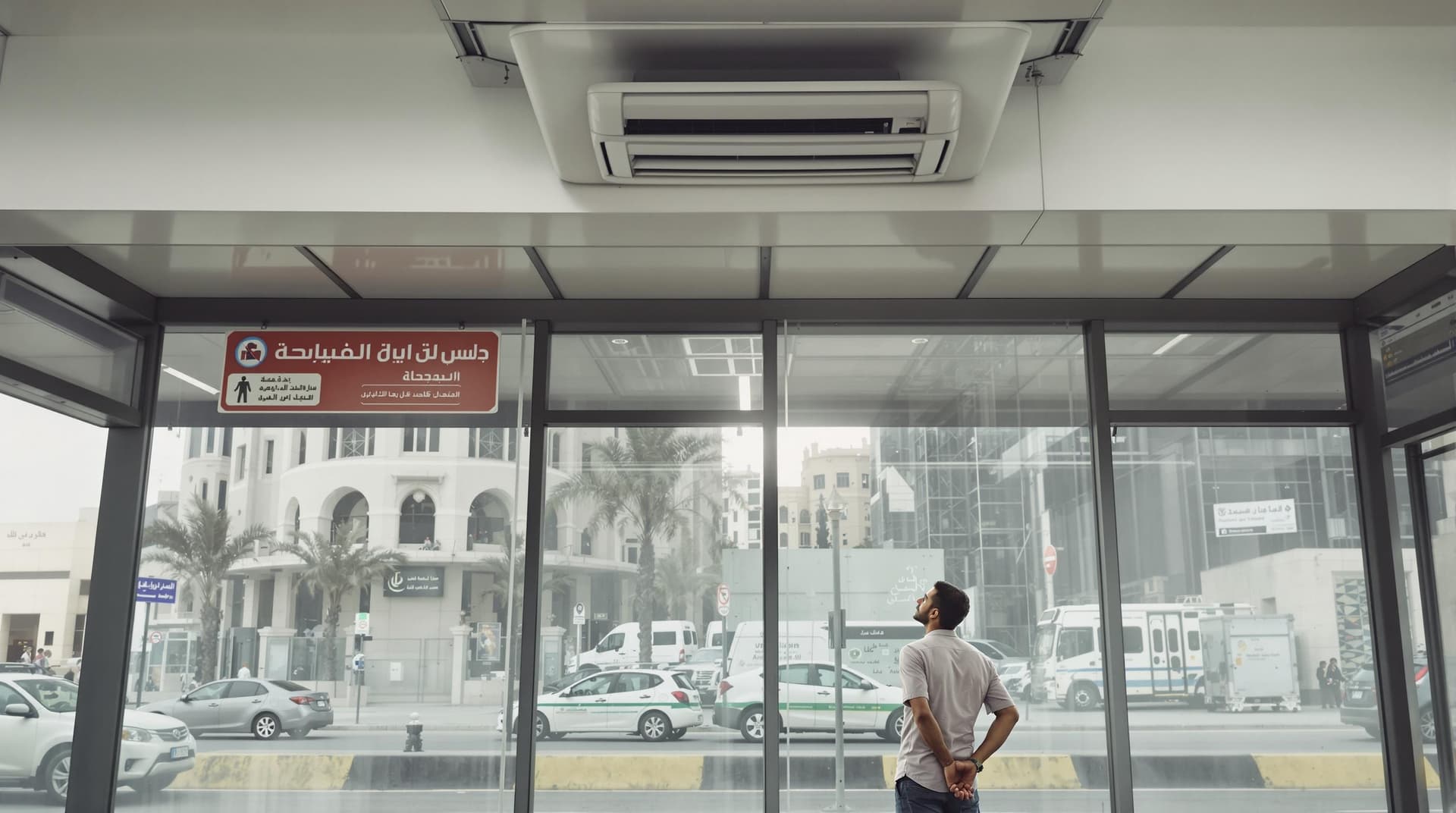 AI generated: In Riyadh city, A passenger waits for the bus at the room-type bus stop. an air-conditioner is worki...