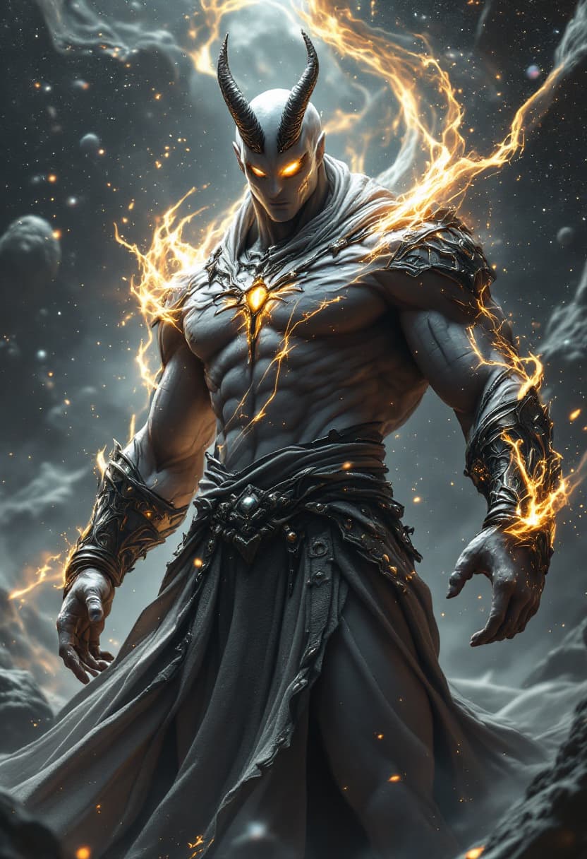 AI generated: God of Gods, full-body, No Hair or mouth, Marble Skin, Etherial, muscular, one Glowing Golden eye an...