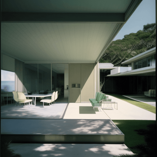 AI generated: Hyper realistic eye level exterior photo of a mid century modern style house overlooking the ocean, ...