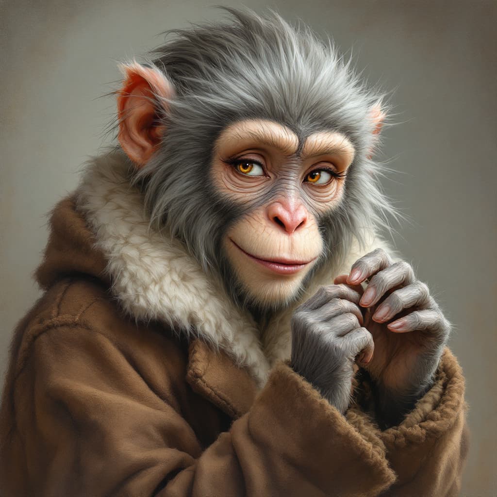 AI generated: a beautiful young woman, she is humanoid monky, transvers flute, fantasy figur, a brown puffy wool c...
