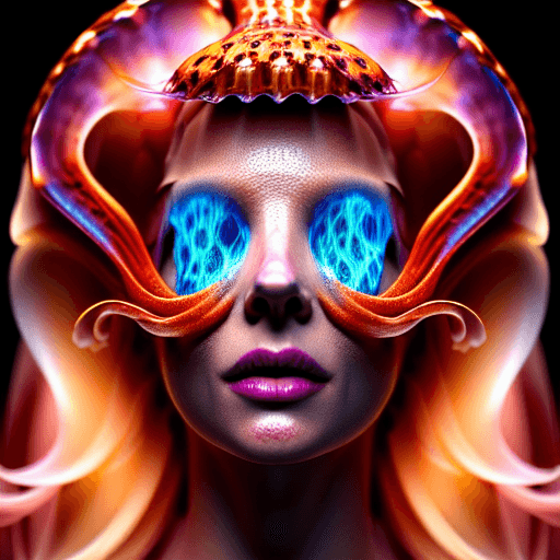 AI generated: Goddess close-up portrait ribcagel. jellyfish phoenix head, nautilus, orchid, skull, betta fish, bio...