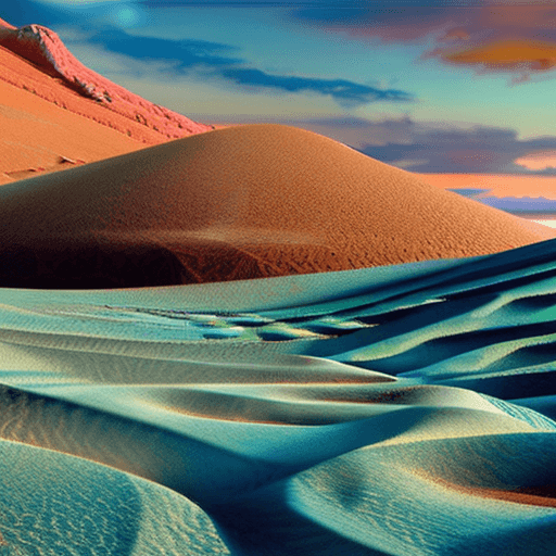 AI generated: illustration of a strange mysterious desolate desert with light blue sand , painting like ,light wha...