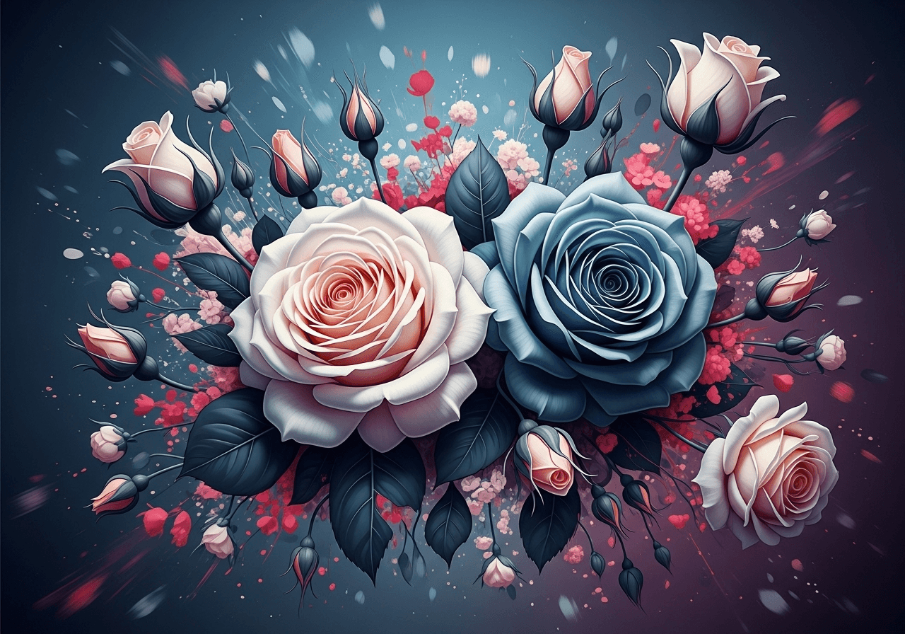 AI generated: Image is a vibrant abstract digital artwork characterized by a predominantly white   roses, featurin...