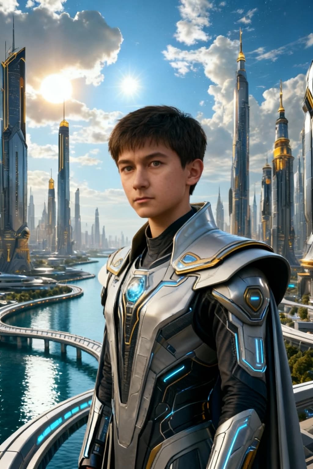 AI generated: New Picture of the character in a different pose and futuristic attire. Younger looking, remove faci...