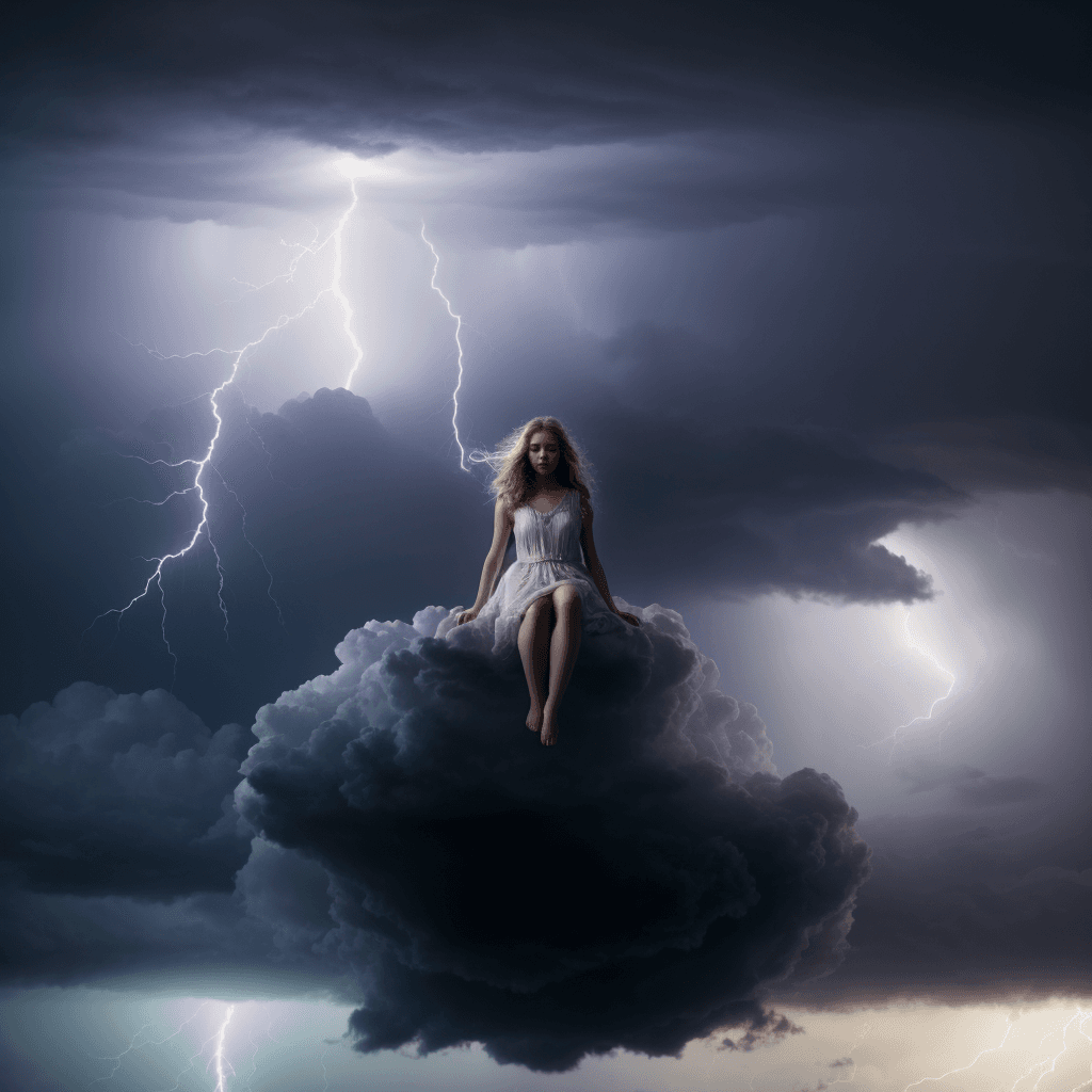 AI generated: isolated centered composition, girl sits on top of stormy cloud, cloud shaped like small levitating ...