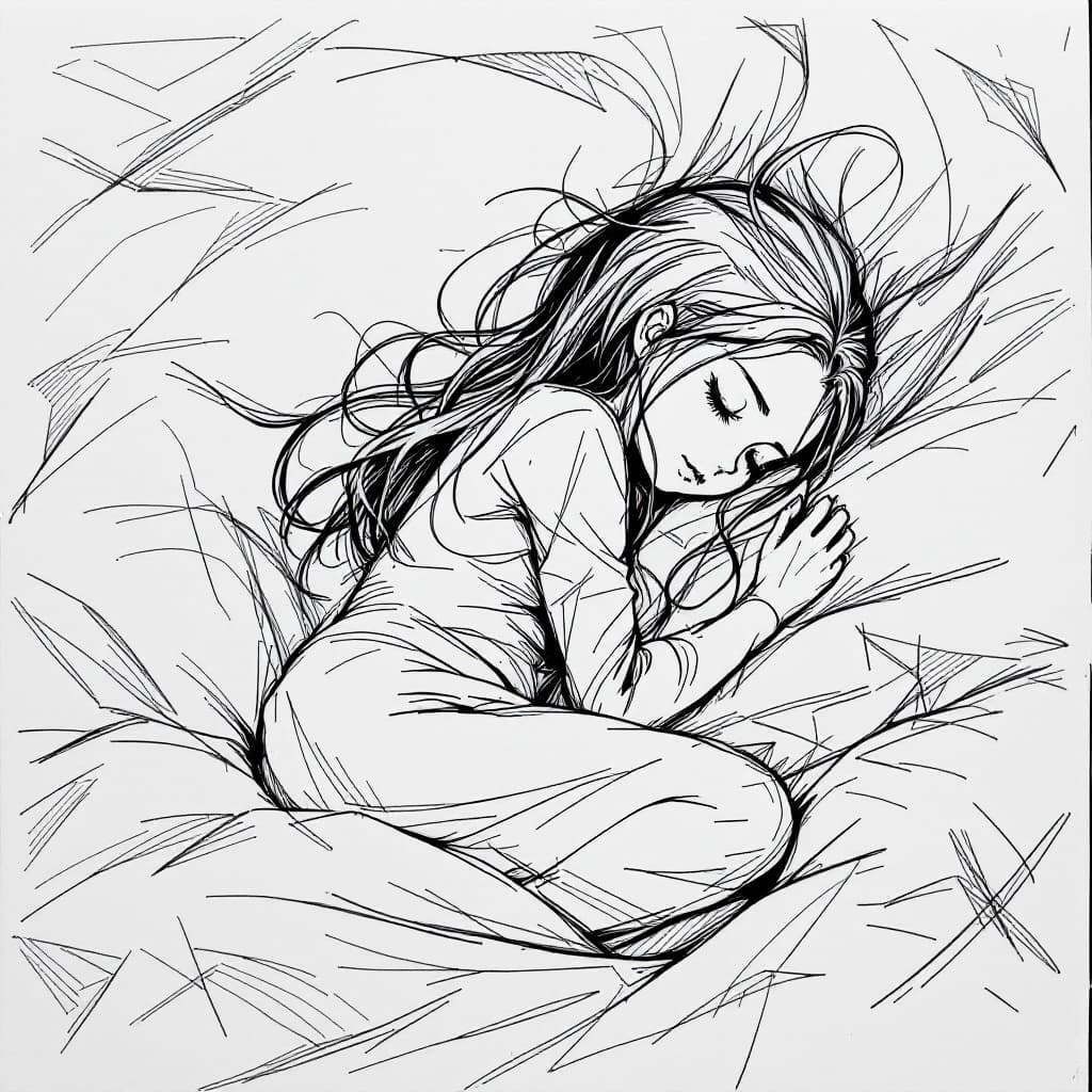 AI generated: Manga rough sketch, black and white, top down image, anime girl, long hair, sleeping, curled up in b...