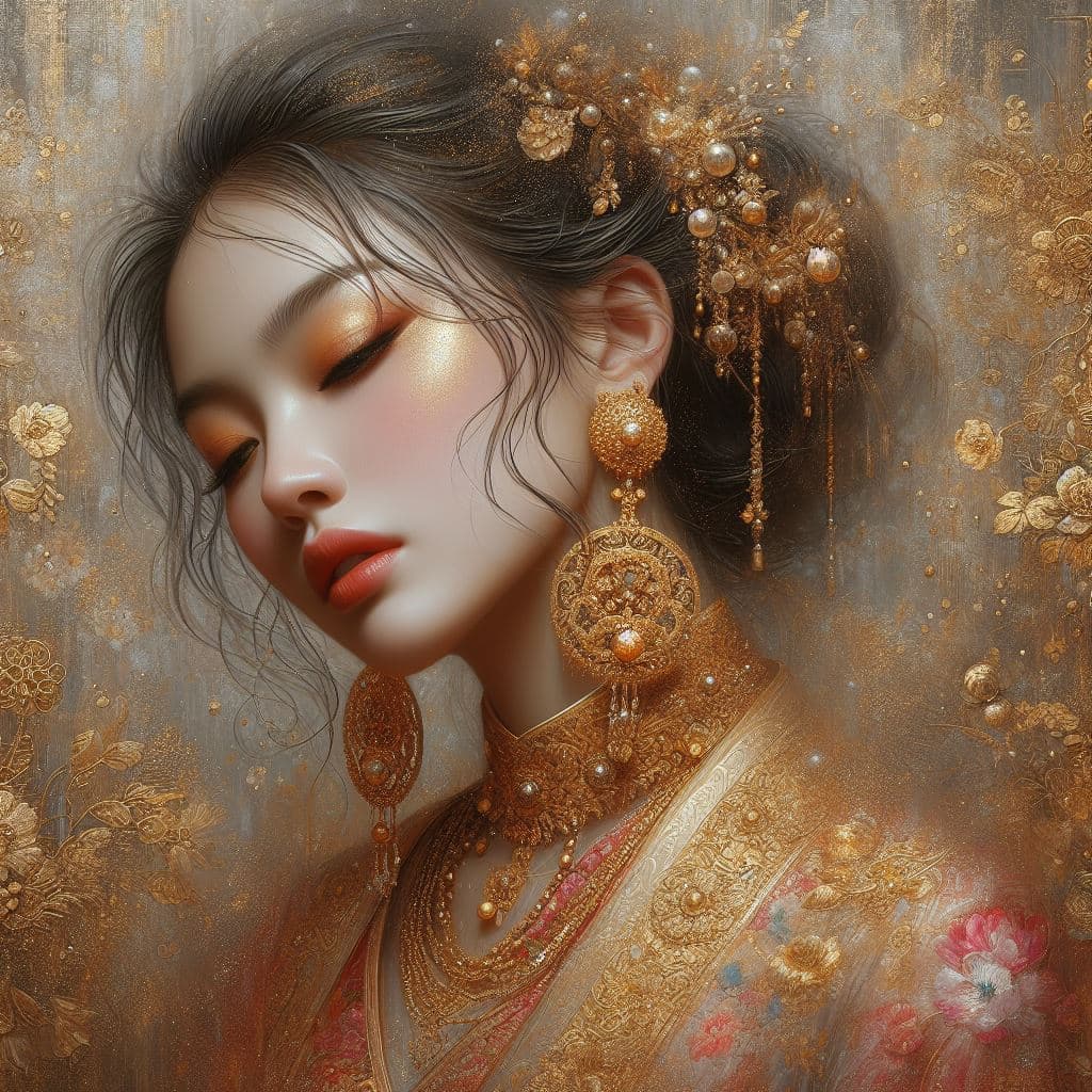 AI generated: A PAINTING PF AN ASIAN woman with golden Earings , in the style of dmitry kustanovich, delicate mode...