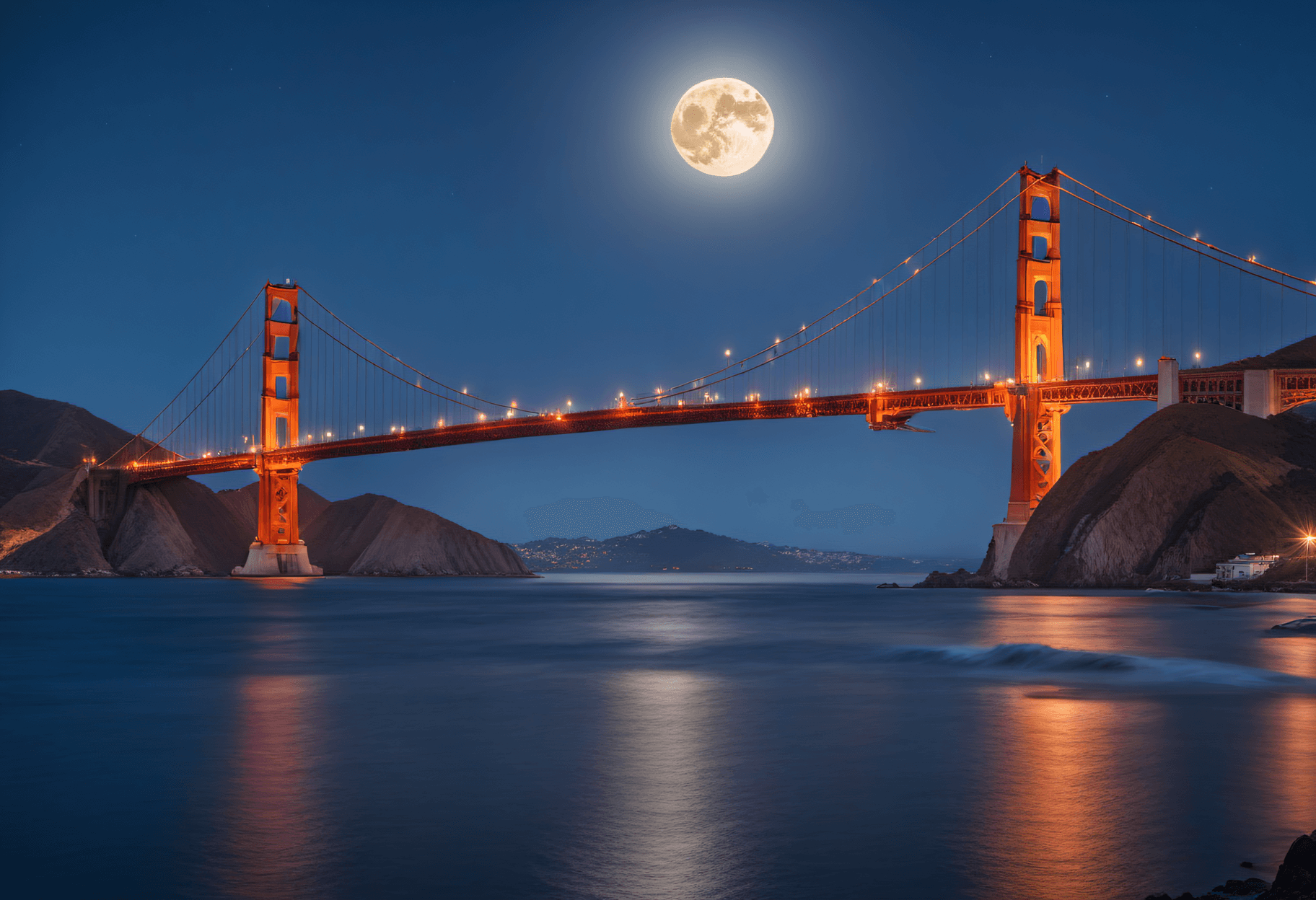 AI generated: Masterpiece, Stunning, Best quality, Golden Gate Bridge, Full Moon over the bridge, reflection in th...