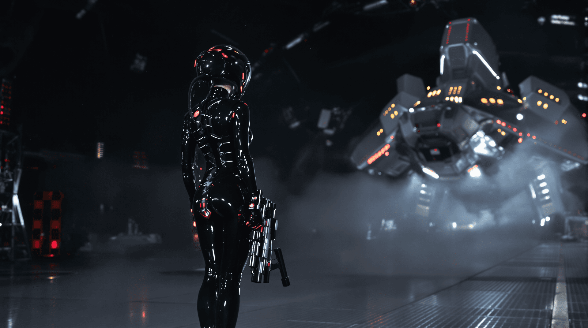 AI generated: A dark futuristic theam: a woman with striking features standing in a dark hangar looking at a space...