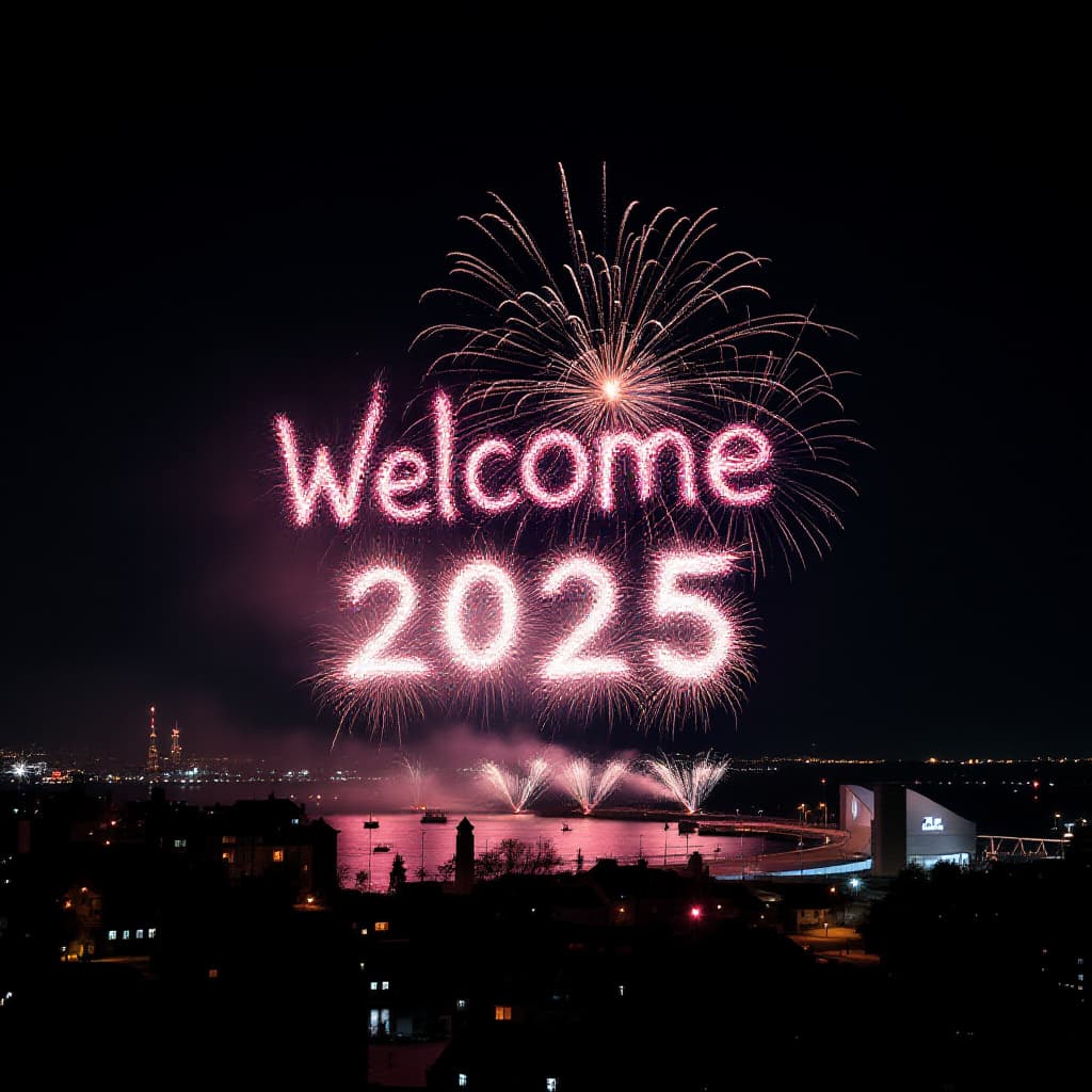 AI generated: “Mesmerizing firework over the Kugelbake of Cuxhaven/Germany forms the word “Welcome 2025”. Dark nig...