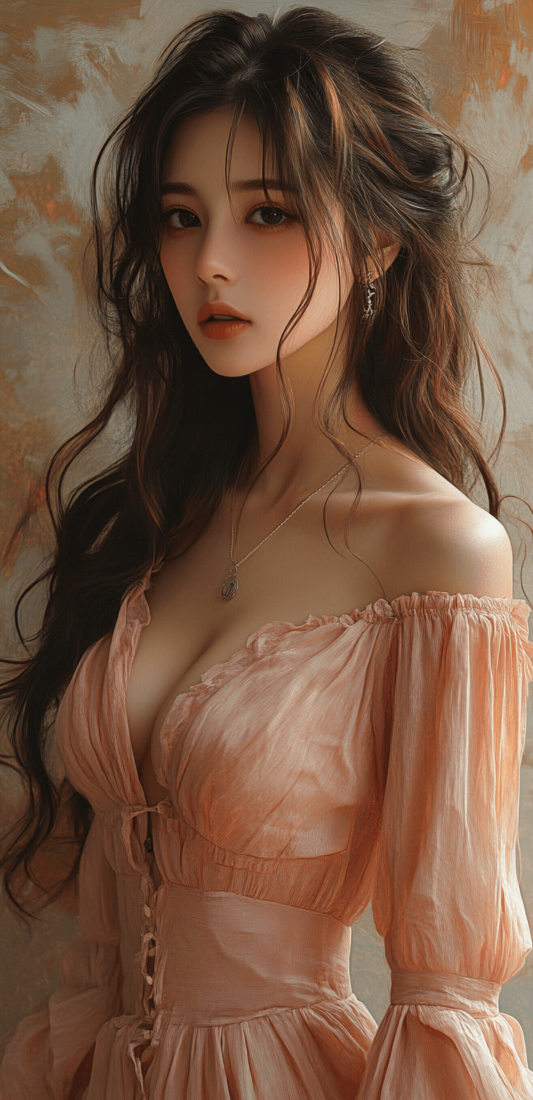 AI generated: A beautiful girl with long hair in a pink blouse, half-body portrait, painting style, light orange a...