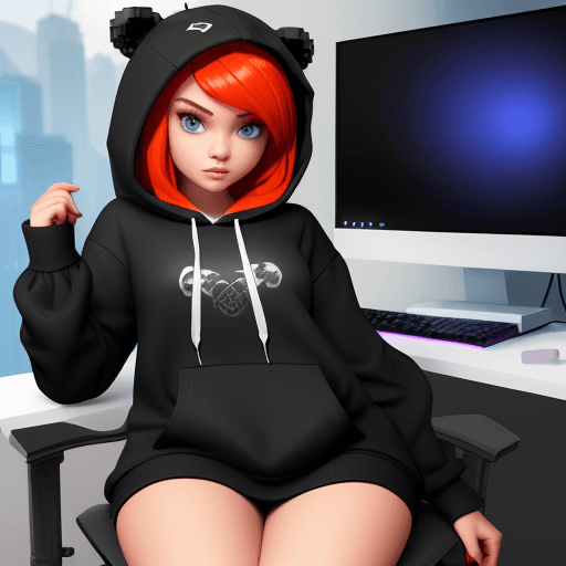 AI generated: roblox girl character gaming, oversized hoody, on computer




