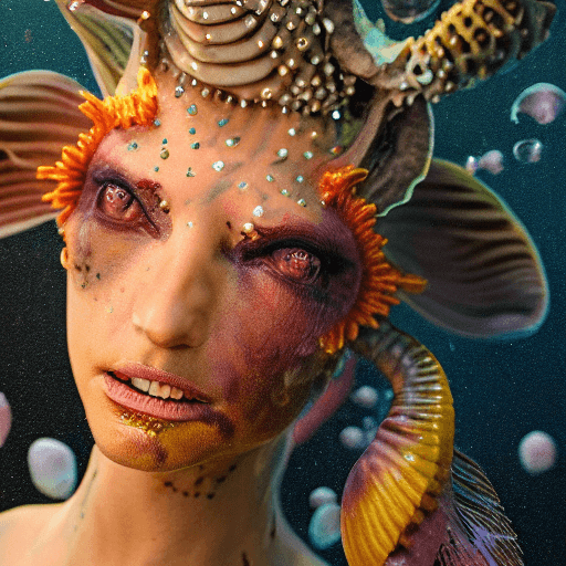 AI generated: goddess close-up portrait ribcagel. jellyfish phoenix head, nautilus, orchid, skull, betta fish, bio...