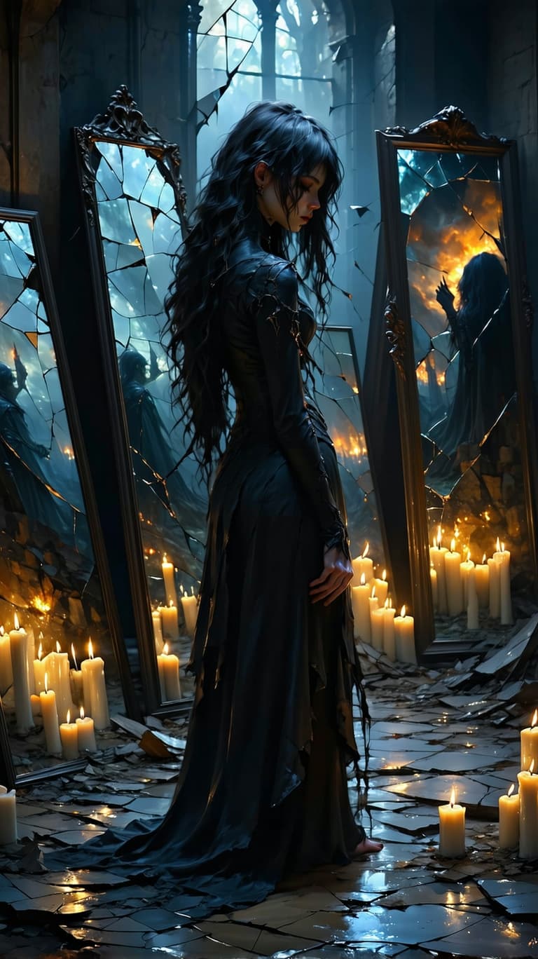 AI generated: A solitary female goth figure with long black wavy hair and bangs in a dark, candlelit room, surroun...
