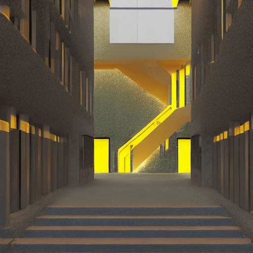 AI generated: Photo of a ultra realistic architectural entrance with bold yellow stair ,  cinematic lighting, batt...
