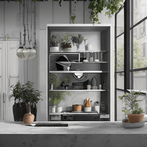 AI generated: a small kitchen with a black and white kitchen set, white marble floor, gray plaster walls, small ta...