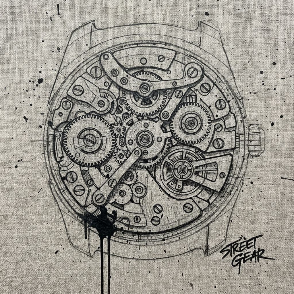 AI generated: mechanical watch, black white painting by street artist on a beige linen with wheels, screws, not fi...