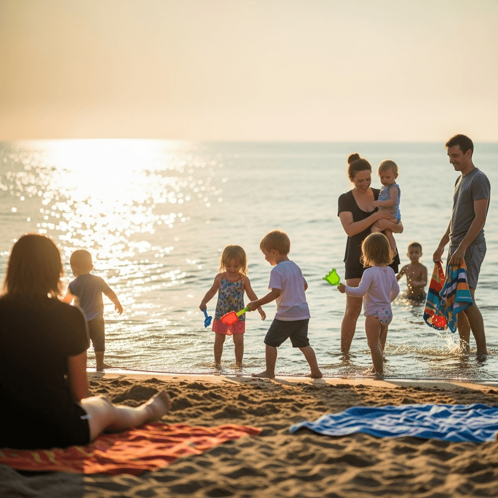 AI generated: happy scene at the beach,  lots of children playing around joyfully with their loved ones In the sun...