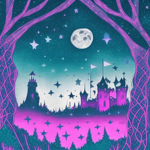 AI generated: a dark castle in an enchanted forest, teal, cyan and pink night sky, stars glowing in sky, glitter c...