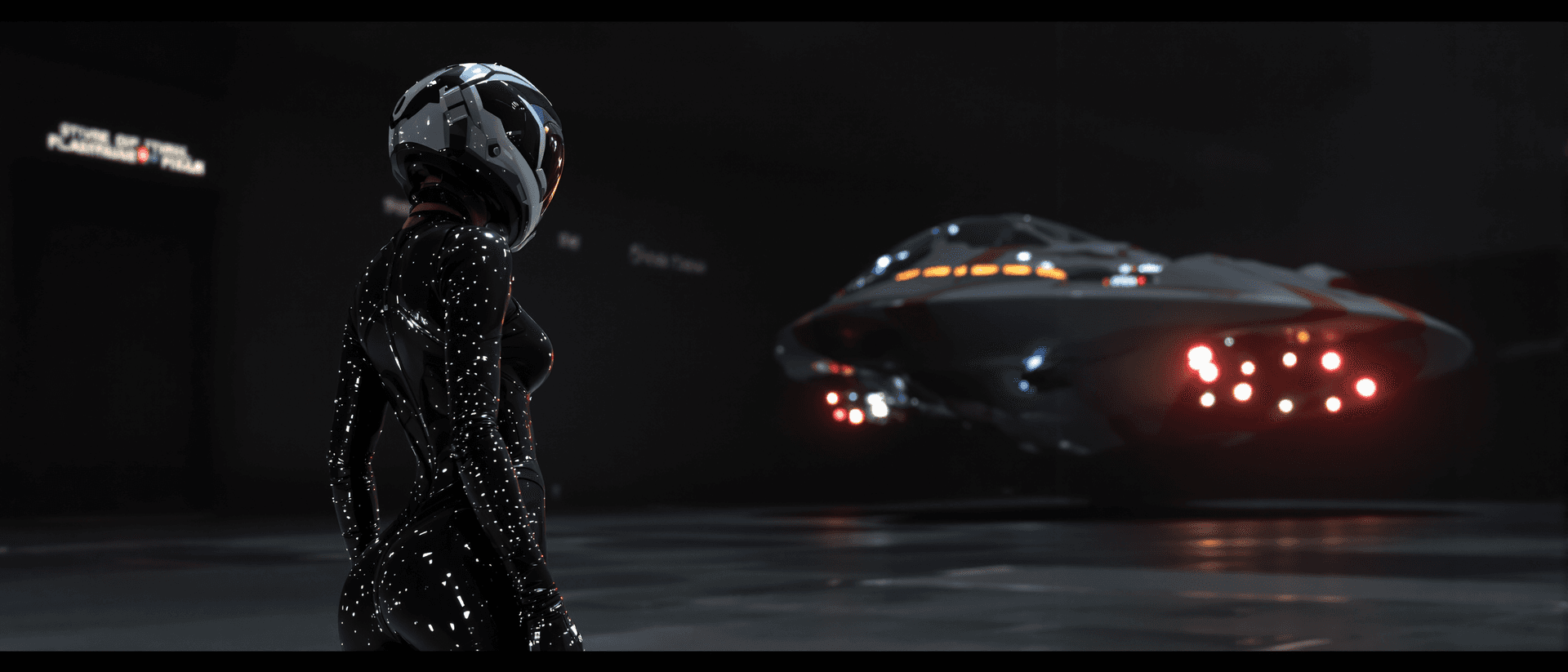 AI generated: A futuristic theam: She's standing in a dark hangar looking on a spaceship in the bacground, all dre...