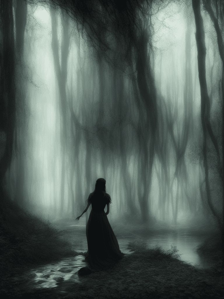 AI generated: enchanted forest, dark, moody, mystical, woman, walking through a stream, long dress