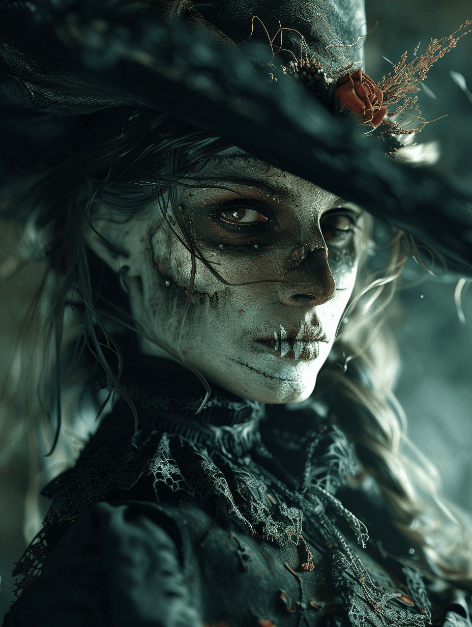 AI generated: the vampire witch with hat and skeleton looking, in the style of eve ventrue, vray tracing, paul hed...