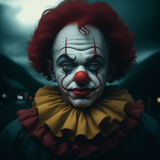 AI generated:  clown, cinematic lighting, very high detailed, background, shot on Fujifilm Superia 400, Short Ligh...