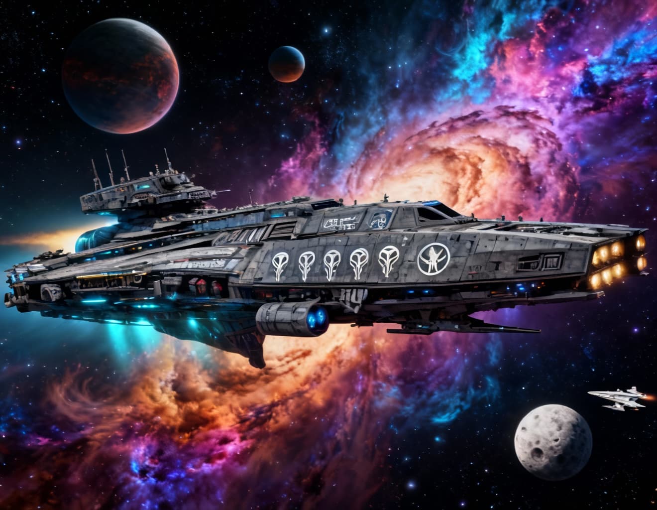 AI generated: Imagine, in detail, an alien spaceship to show a new design. An alien Mega Supercarrier. Show it in ...