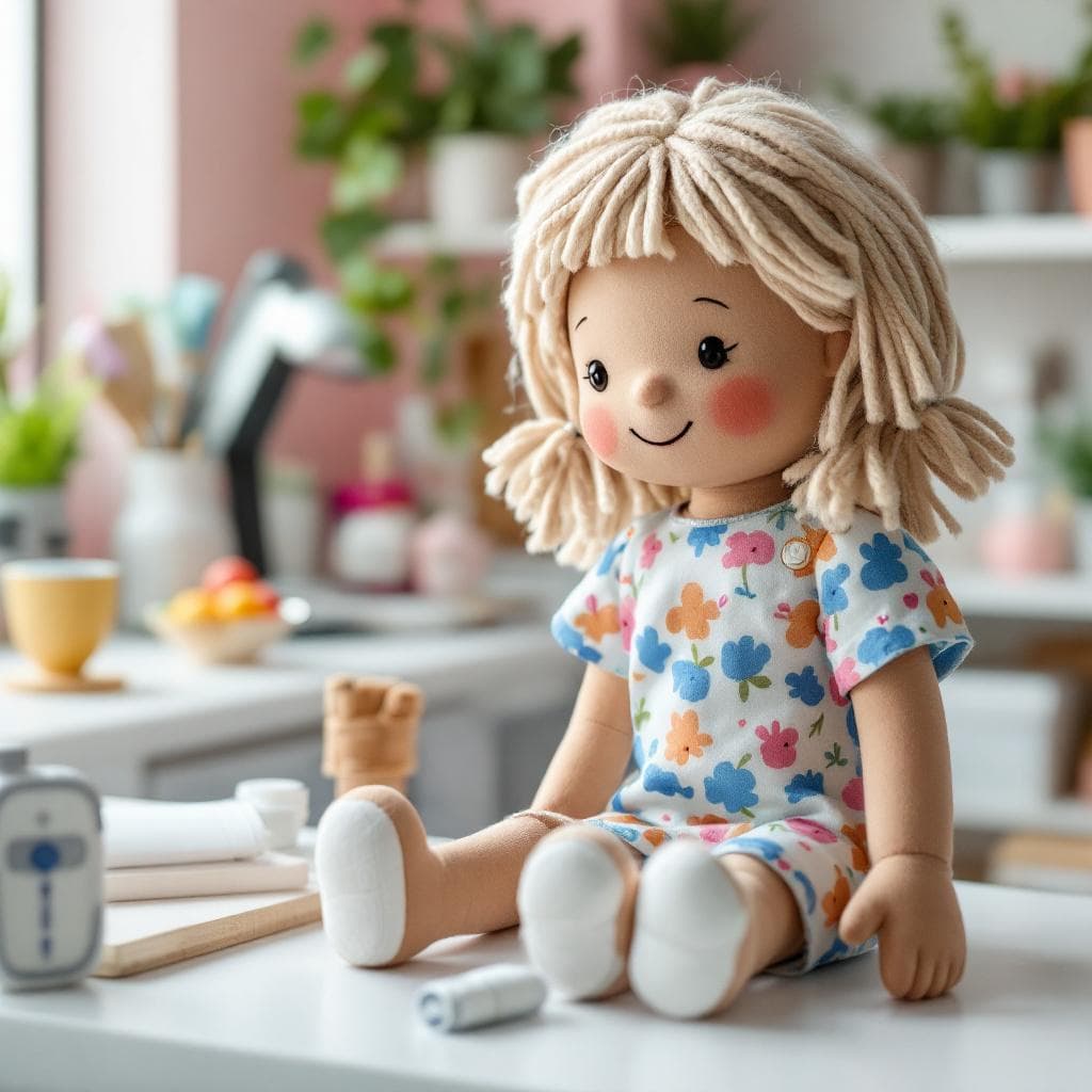 AI generated: A 50 cm tall educational rag doll designed for children to learn about blood tests. The doll has a s...