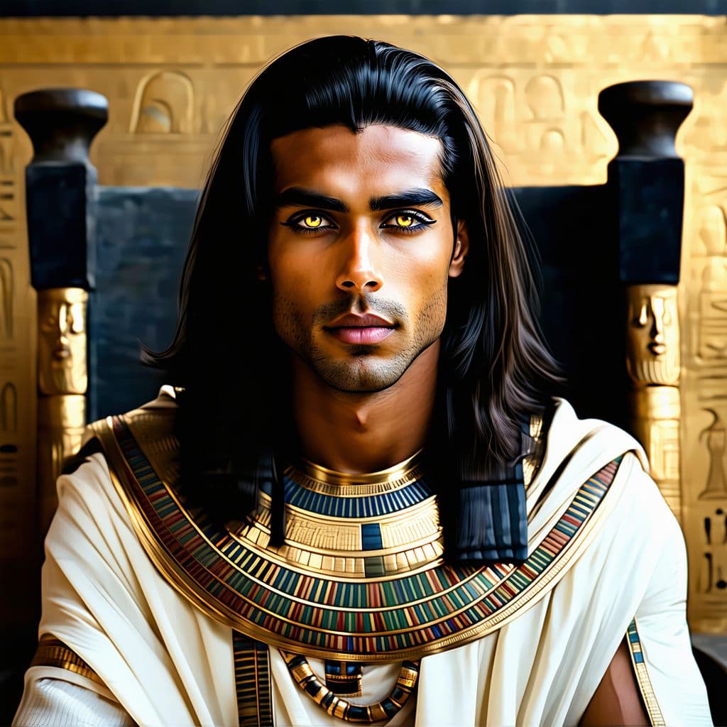 AI generated: an eclectic 26 year old Egyptian man, a pharoah, golden eyes, soft long black hair, throne, posing, ...