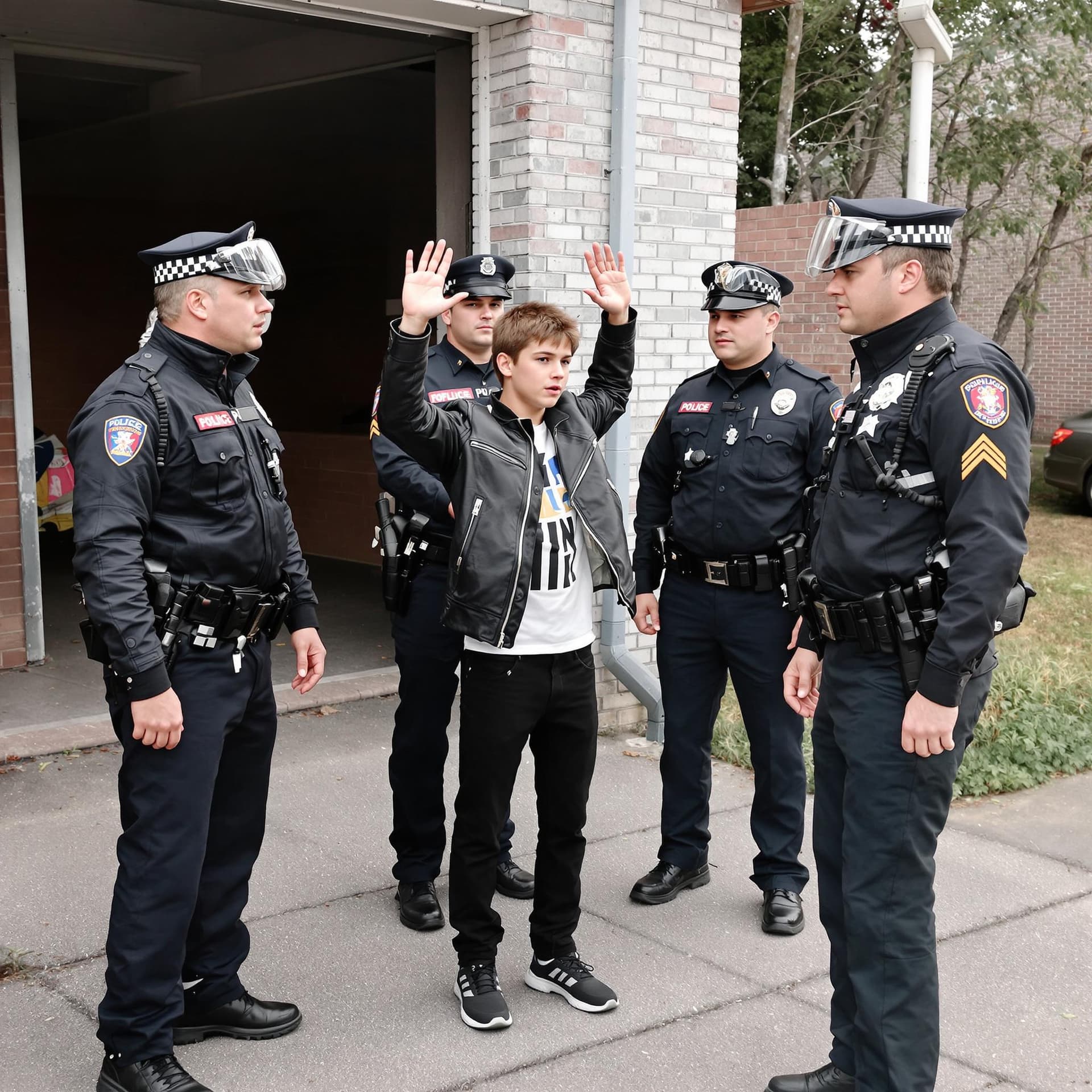 AI generated: Teenage boy, 17 years old, wearing a black leather jacket, and black Jeans. He is also wearing black...