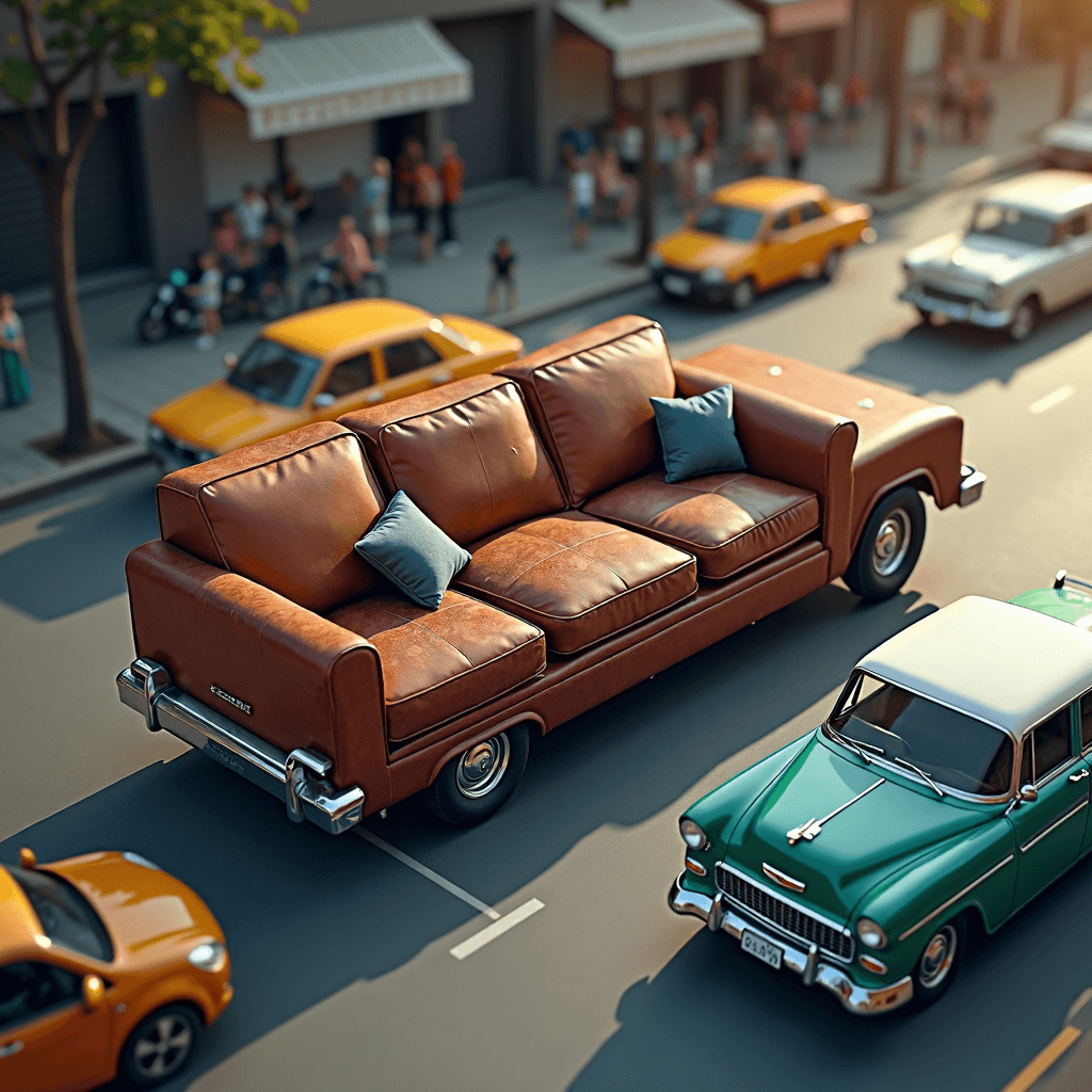 AI generated: 

shaped as a leather couch, couch on a wheels,a car mimics a couch, leather couch, isometric leve...