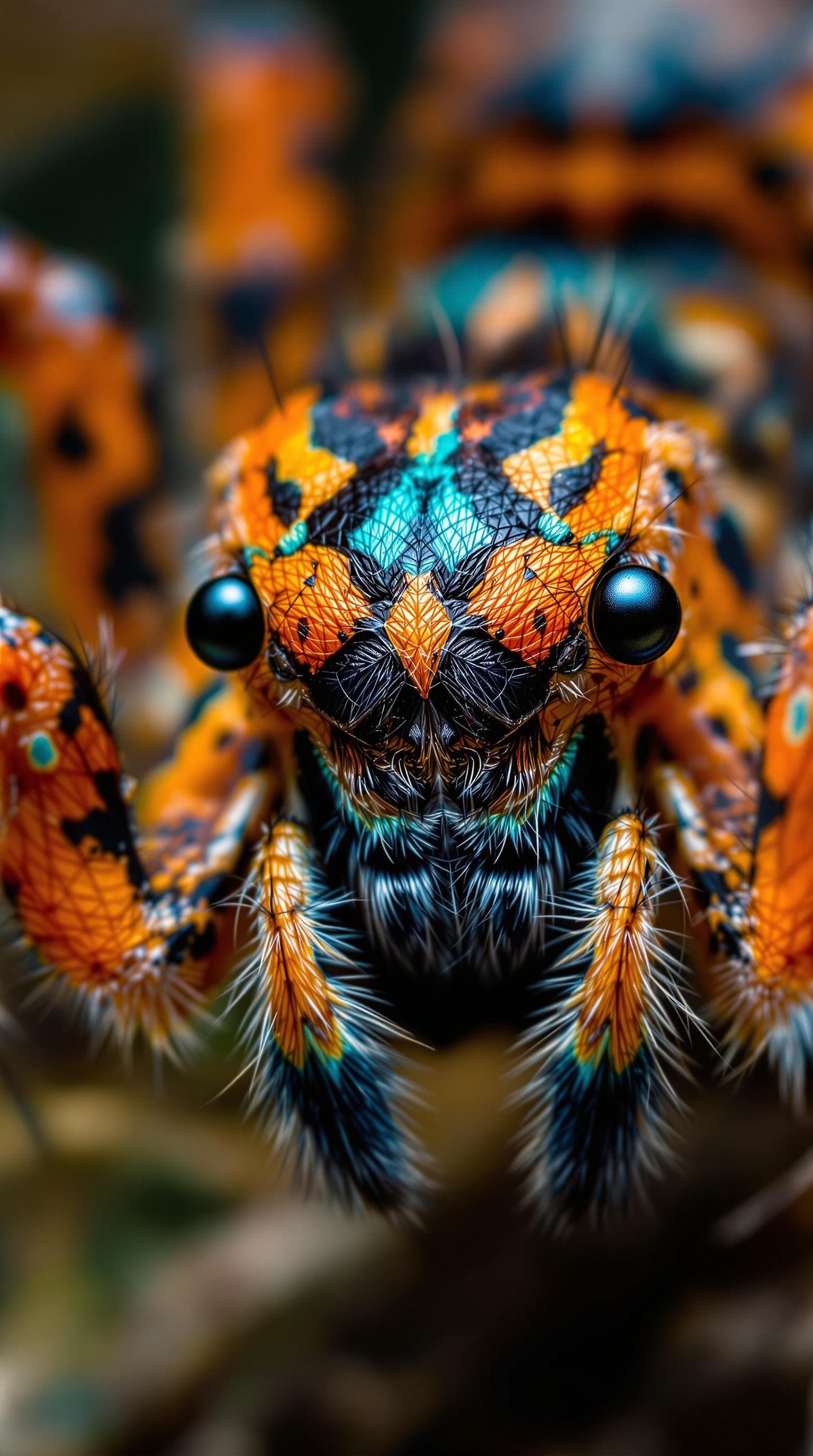 AI generated: A detailed macro photograph showing the complex and vibrant colors of a spider with vivid orange, bl...