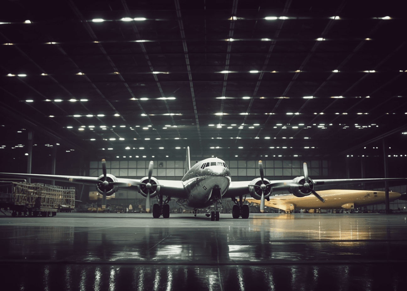 AI generated: a large plane sitting in a hangar at night, in the style of vintage aesthetics, kenro izu, 32k uhd, ...