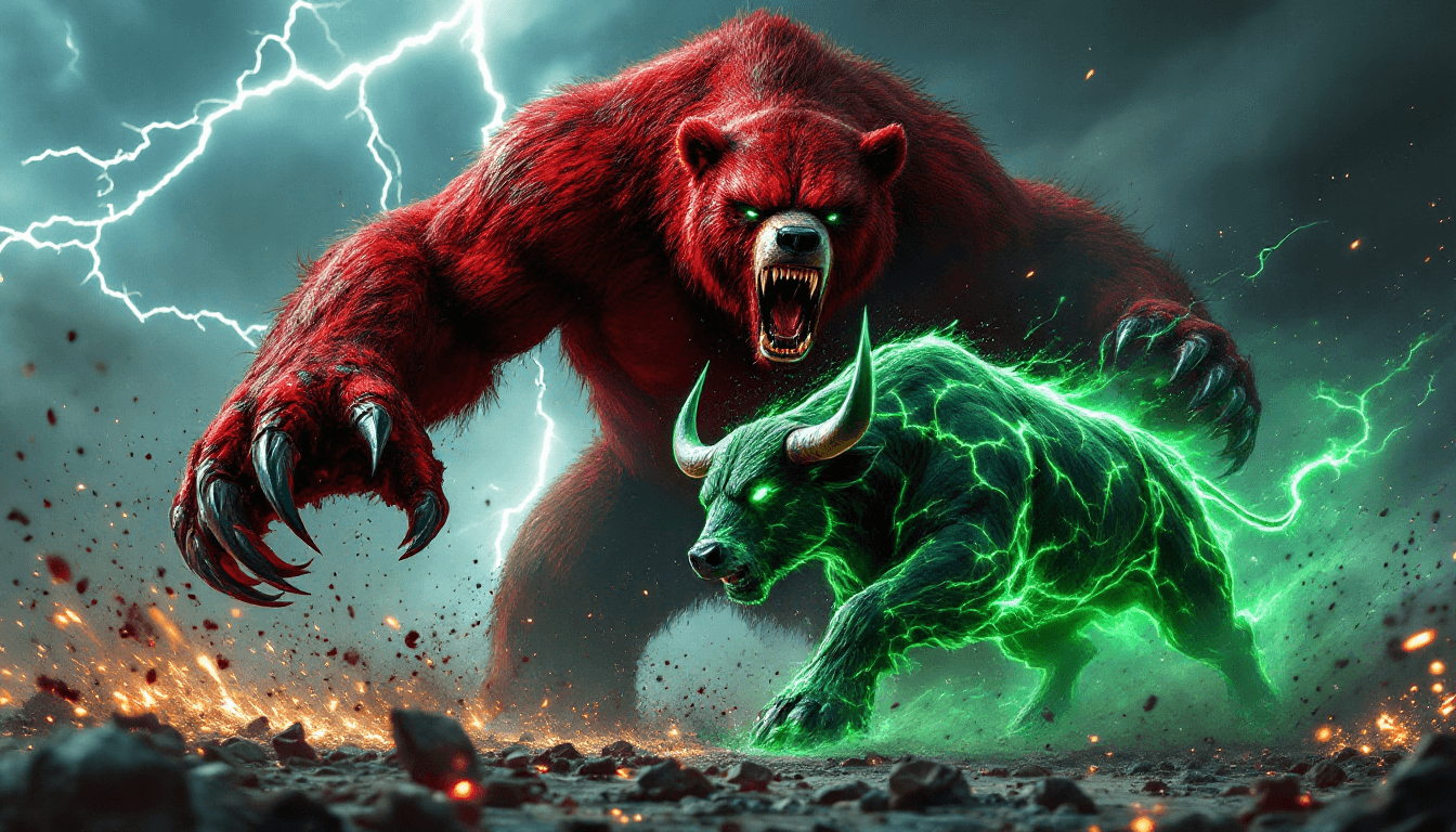 AI generated: A fierce, high-intensity battle between a massive, green bull and a raging red bear. The bull charge...