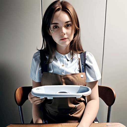 AI generated:  girl with brown hair sitting in a highchair while wearing a bib 