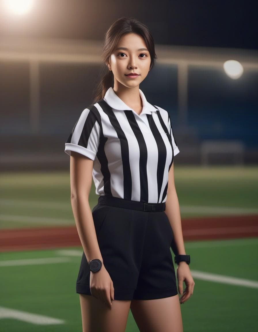 AI generated: (((gorgeous female))), dressed as football referee, attractive, ((flirting)), standing on football f...