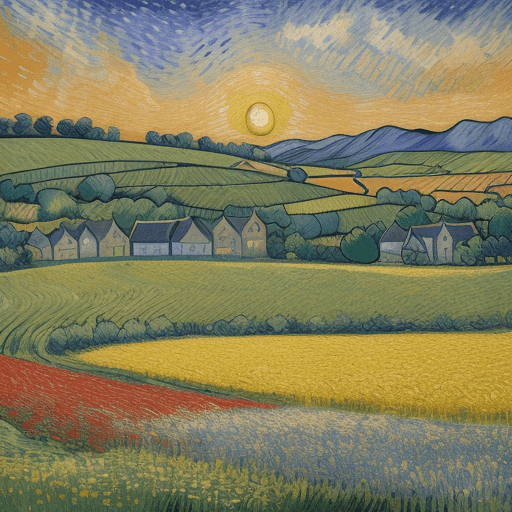 AI generated: French village landscape with the field and the flowers during sunset, painted in Van Gogh style, vi...