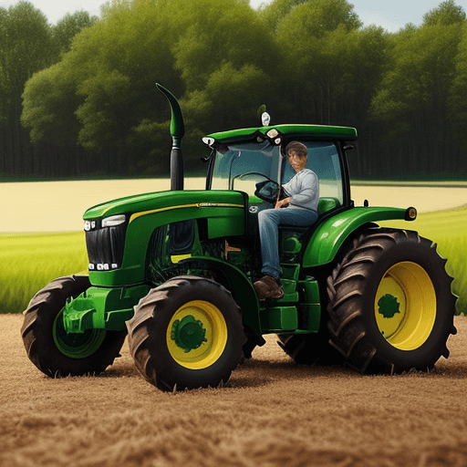 AI generated: create an image of a John Deere tractor from the front, with a tractor driver working, realistic ima...