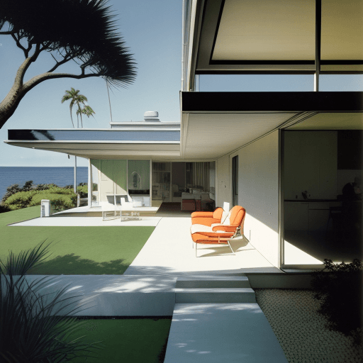 AI generated: Hyper realistic eye level exterior photo of a mid century modern style house overlooking the ocean, ...