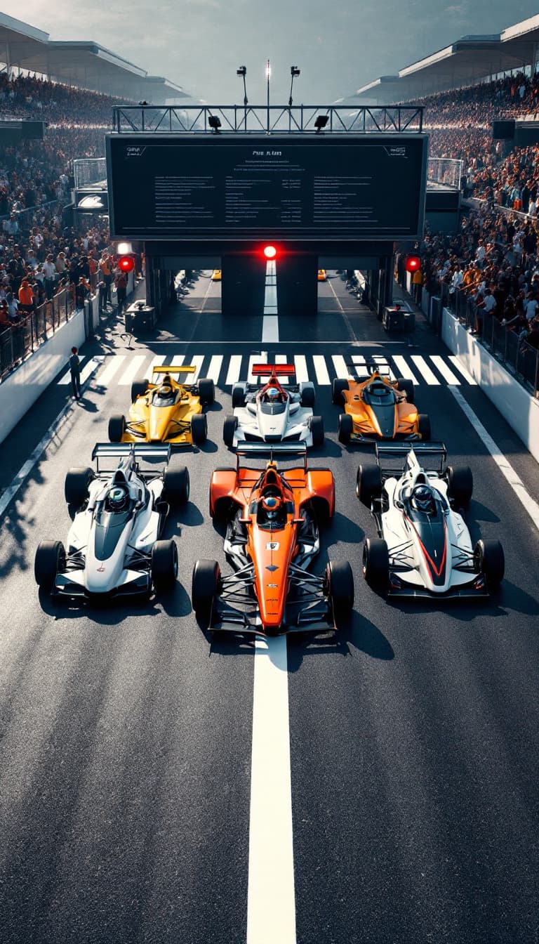 AI generated: Summer. At the start of the race track, (White stripe across the track) there are 5 (five) racing ca...