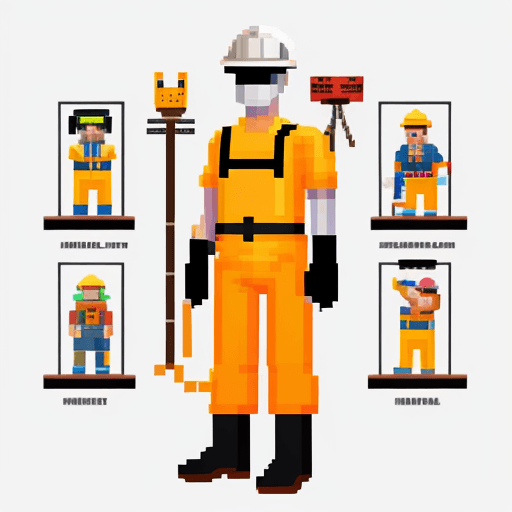 AI generated: 8 bit pixel art character, a power line engineer, in full body view, standing confidently with their...